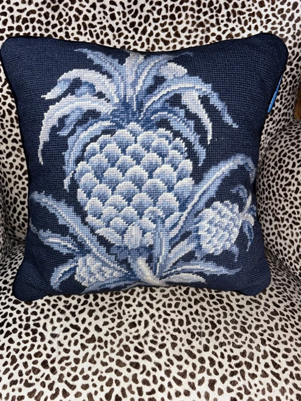 Williamsburg navy and sky blue Pineapple needlepoint accent pillow